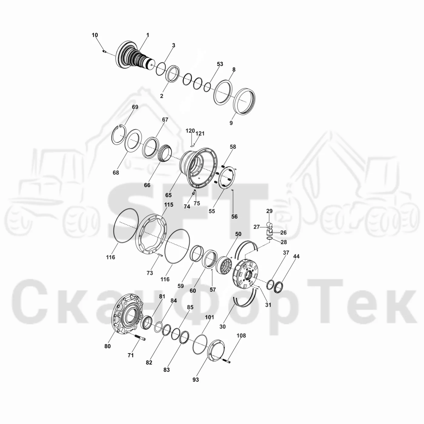 Схема: Гидравлическое оборудование односкоростной пода для коры от шасси