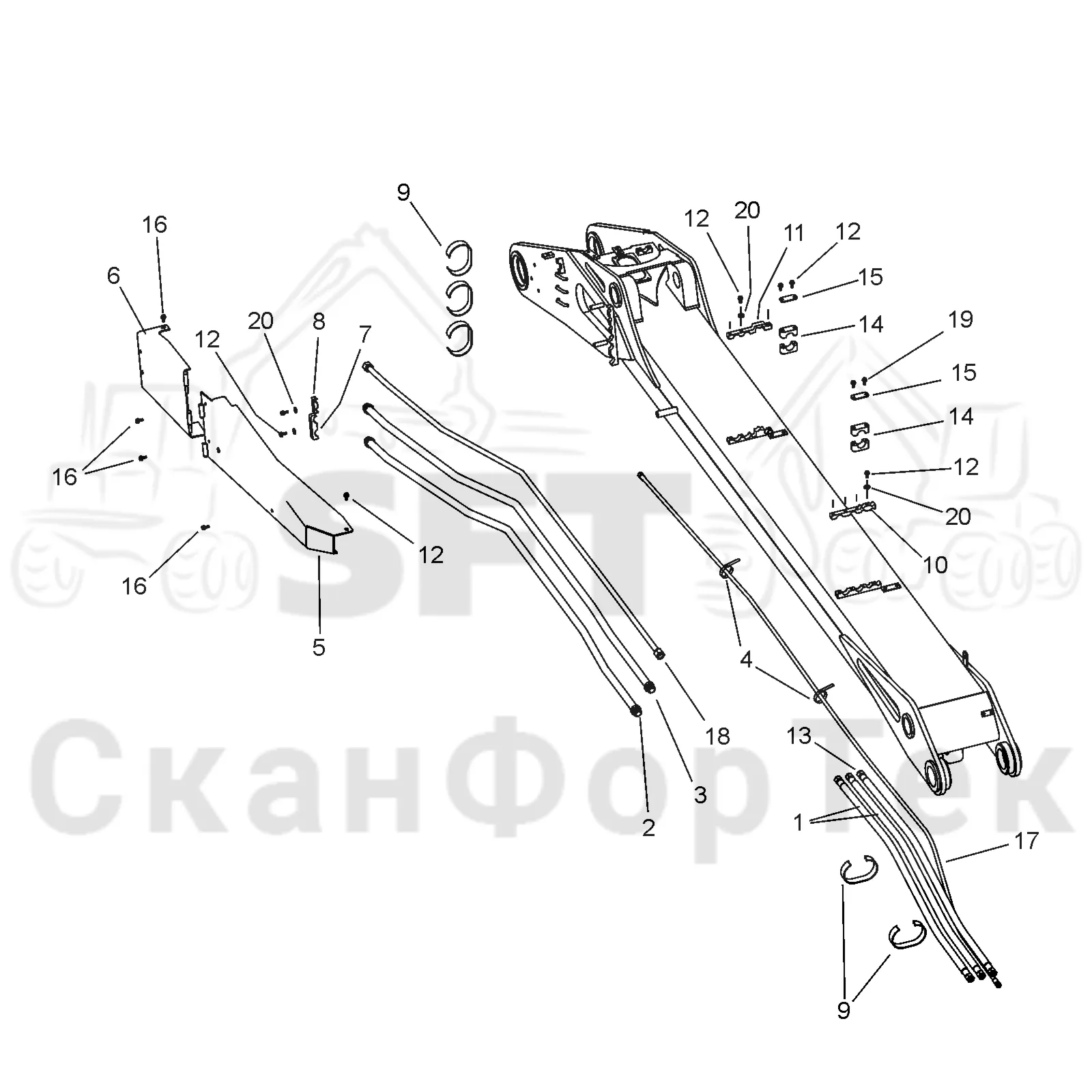 Схема: Основная стрела. Гидравлика DT/350 V1065-