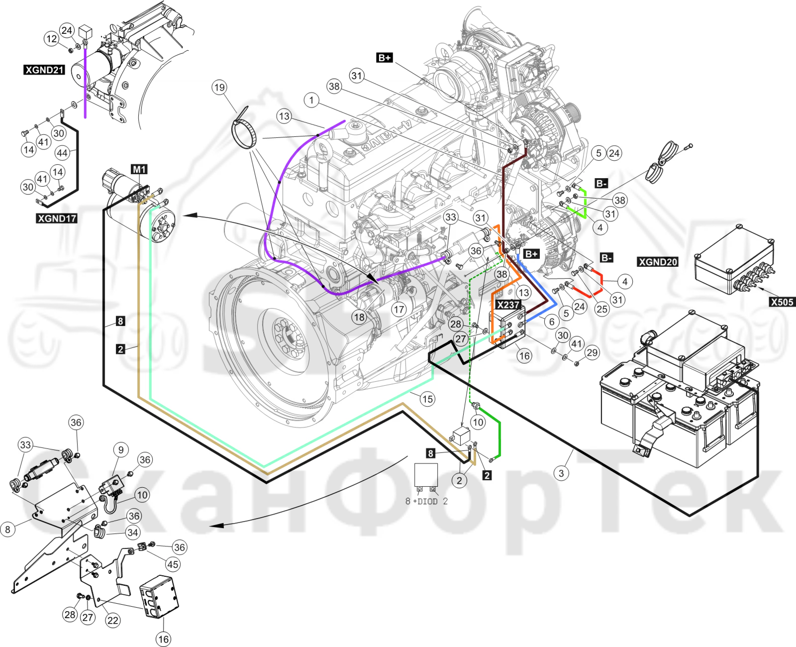 Схема: Комплект электрооборудования электродвигателя стартера