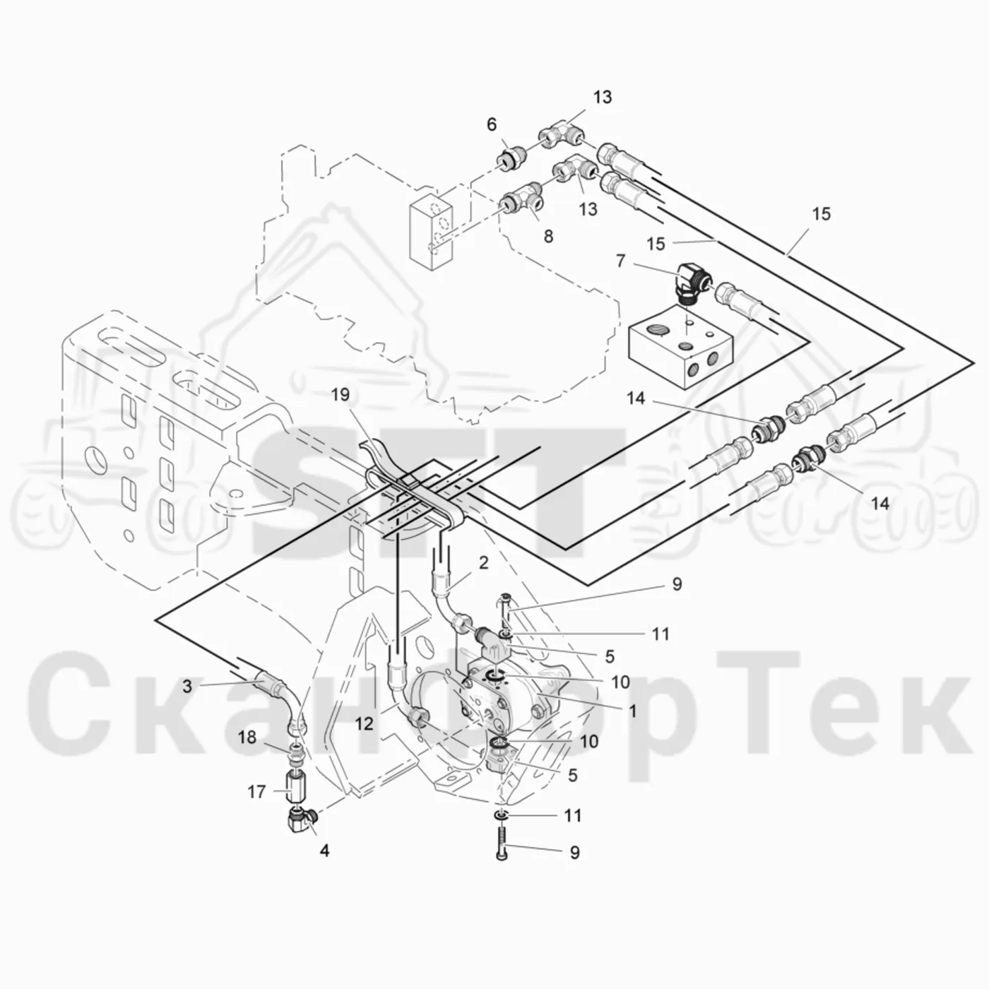 Схема: Cutting unit hydraulics topsaw