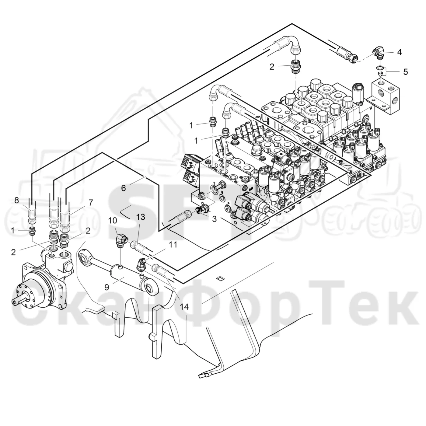 Схема: Cutting unit hydraulics topsaw