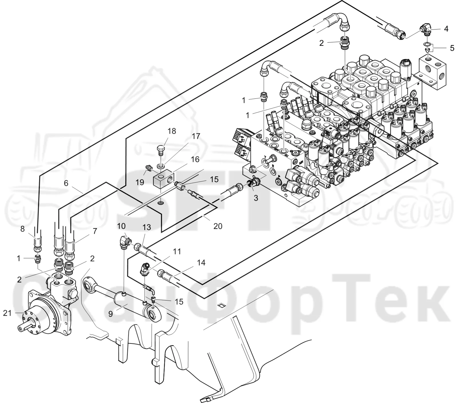 Схема: Cutting unit hydraulics topsaw